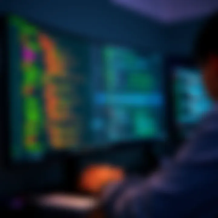 A programmer organizing string data points on a computer screen in a game development environment, featuring C# code snippets and tags.