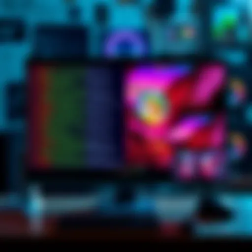 A split scene showing a computer screen with coding on one side and colorful game art on the other side, representing the discussion on coding versus art in game development.