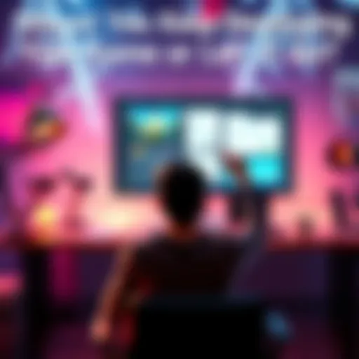A person sitting at a desk looking at a computer screen displaying game designs and feedback notes, contemplating whether to continue or abandon the project.