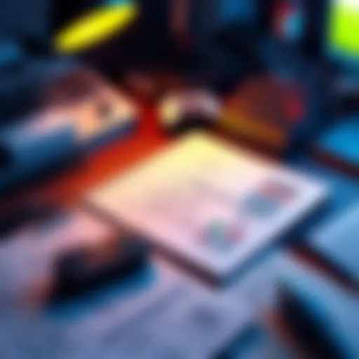 A game development document on a desk with notes and sketches around it, illustrating the planning phase of a video game.