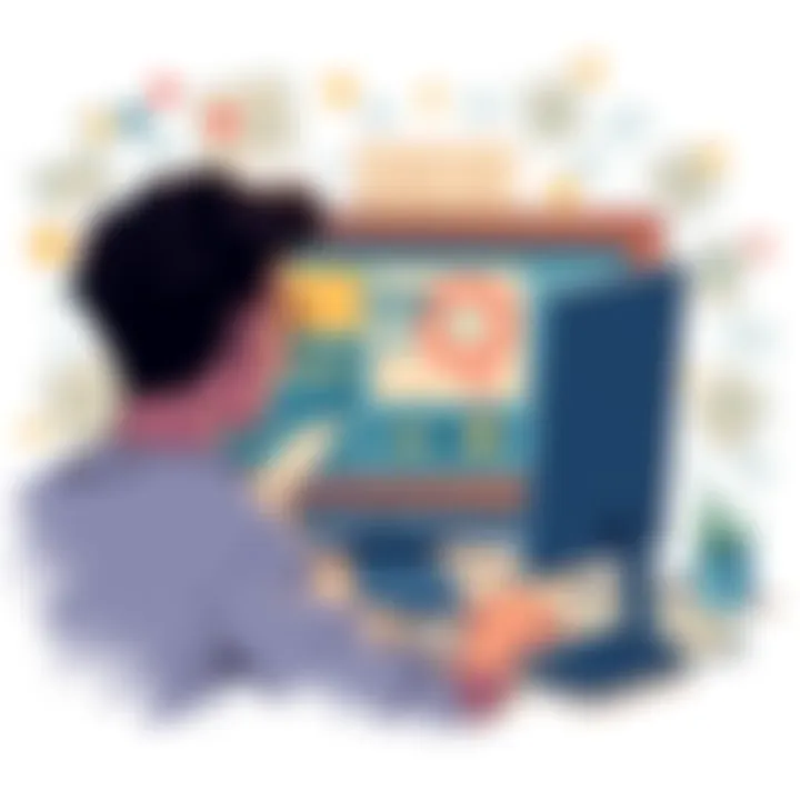 An illustration of a person looking at a computer screen with a game design interface, surrounded by notes and sketches, reflecting the search for feedback on a solo game project.