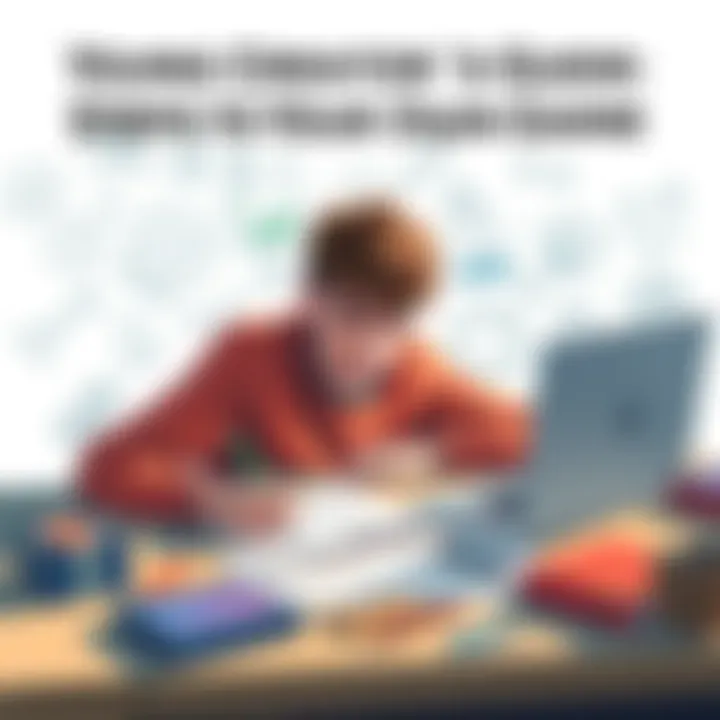 A young person brainstorming game ideas with a notebook and laptop, surrounded by drawings and sketches.