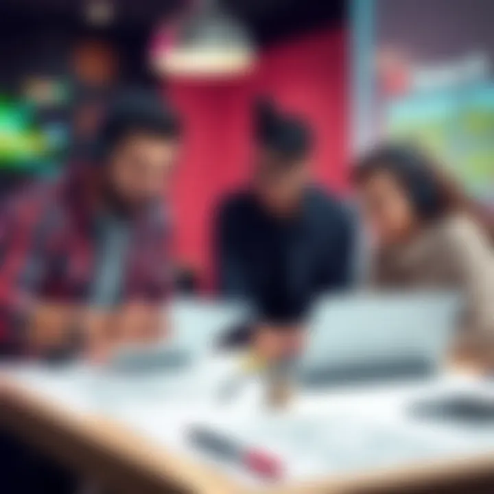 A group of experienced game developers sharing ideas in a creative workspace with sketches and laptops.