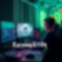 A developer working on a game at a computer, showcasing coding and design elements.