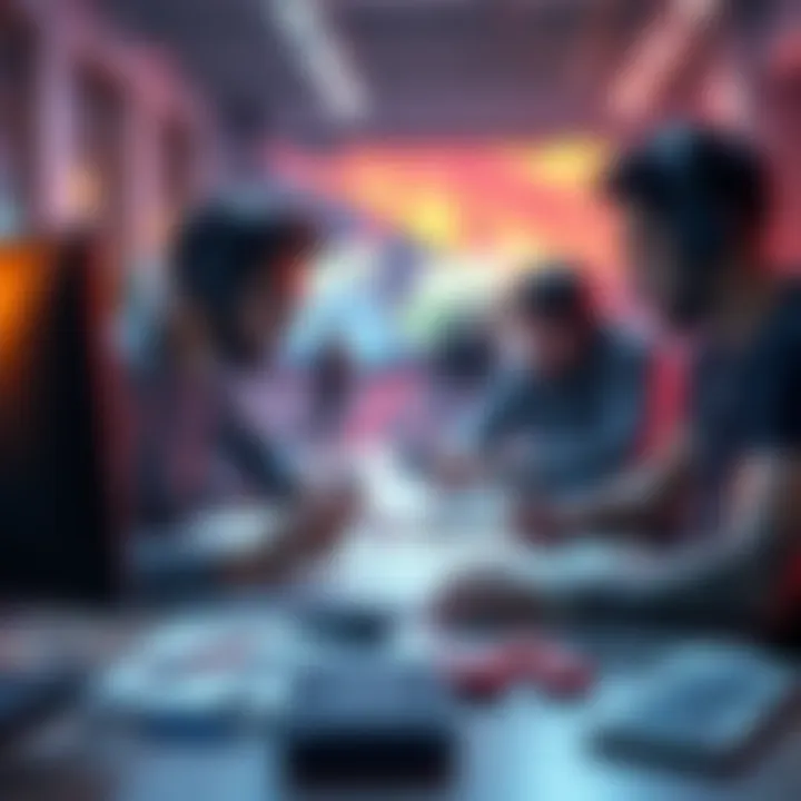A team of developers working together on a video game project with sketches and computers.