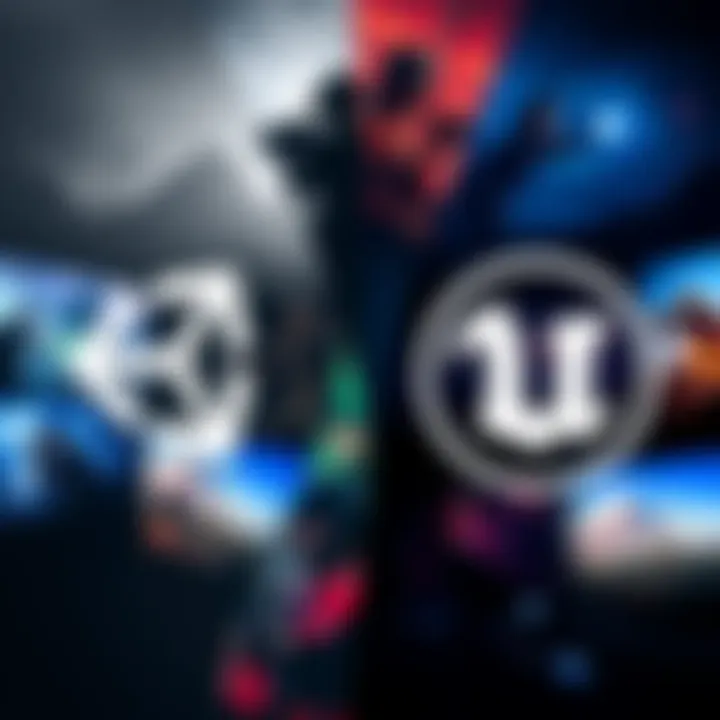 A comparison of Unity and Unreal Engine logos with a split background showing game development scenes