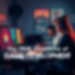 Indie game developers working together at a computer, brainstorming ideas and facing challenges, surrounded by sketches and design notes.