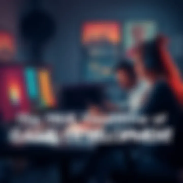 Indie game developers working together at a computer, brainstorming ideas and facing challenges, surrounded by sketches and design notes.