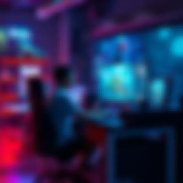 A person sitting at a desk with a computer, creating game graphics and coding.