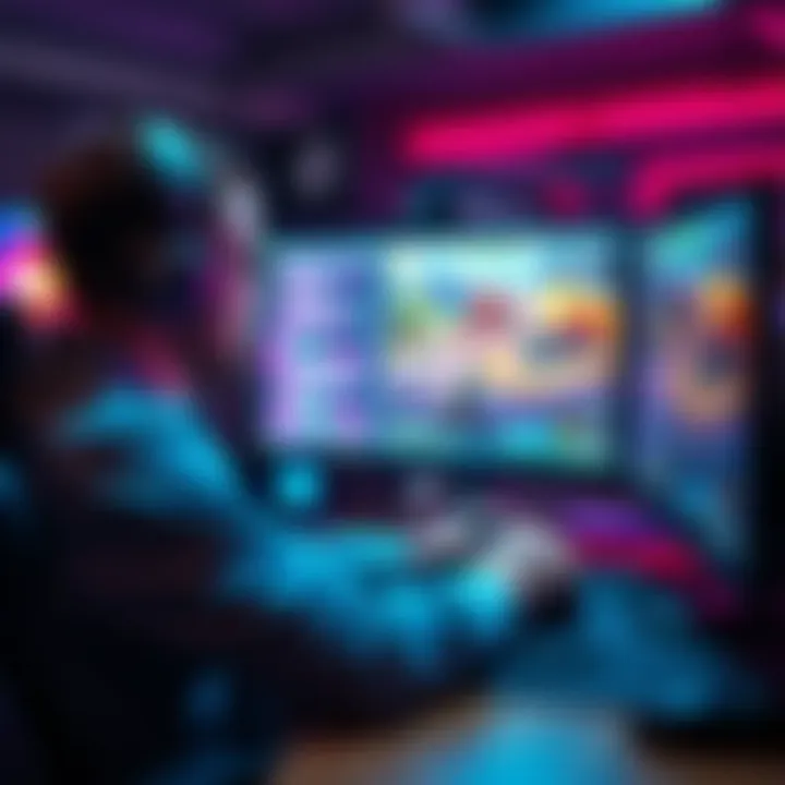 A game developer working on a computer with code and game graphics on screen