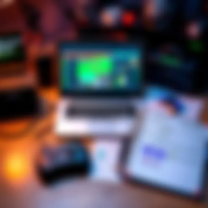 A workspace with a laptop displaying game design software, notepad, and colorful sketches of game ideas, illustrating the beginning of a game development journey.