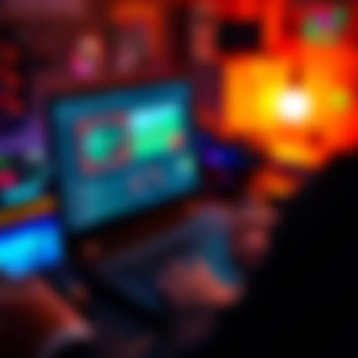 A person using a laptop with game development software on the screen and colorful graphics around them.