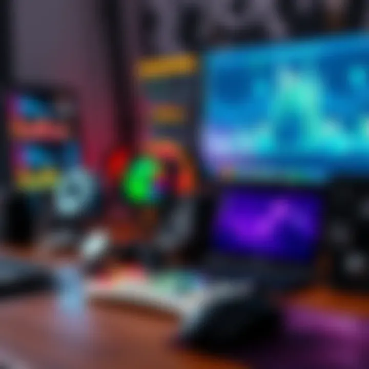 A collection of game development software icons including Godot, Aseprite, and FL Studio on a workspace desk