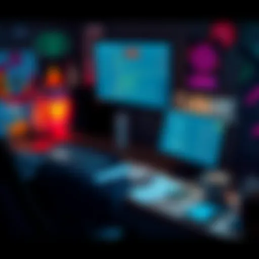 A person sitting at a desk, coding on a laptop with a game engine interface visible on the screen, surrounded by gaming posters and a coffee cup.