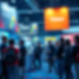 A group of game developers networking at a conference, discussing tools for game development, with banners and promotional materials in the background.