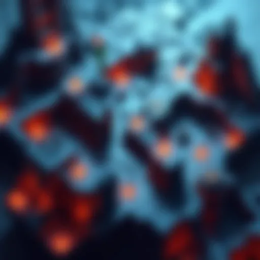An intricate design layout showing game level topology with gameplay elements highlighted.