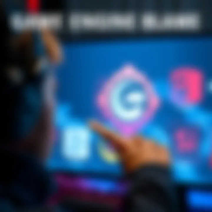 A frustrated gamer points at a game engine logo on the screen, symbolizing blame in the gaming industry. Studio logos are blurred in the background, highlighting the focus on the engine.