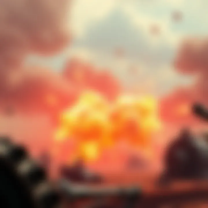 Game Explosion Mechanic An animated scene showing explosions in a military strategy game inspired by Red Alert, with smoke and debris flying, illustrating stress testing mechanisms.