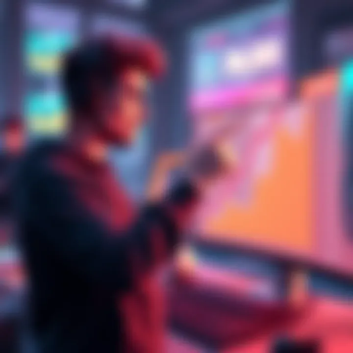 A game developer pointing at a screen showing rising wishlist numbers.