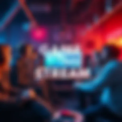 A group of diverse game developers streaming their indie games for feedback from viewers.