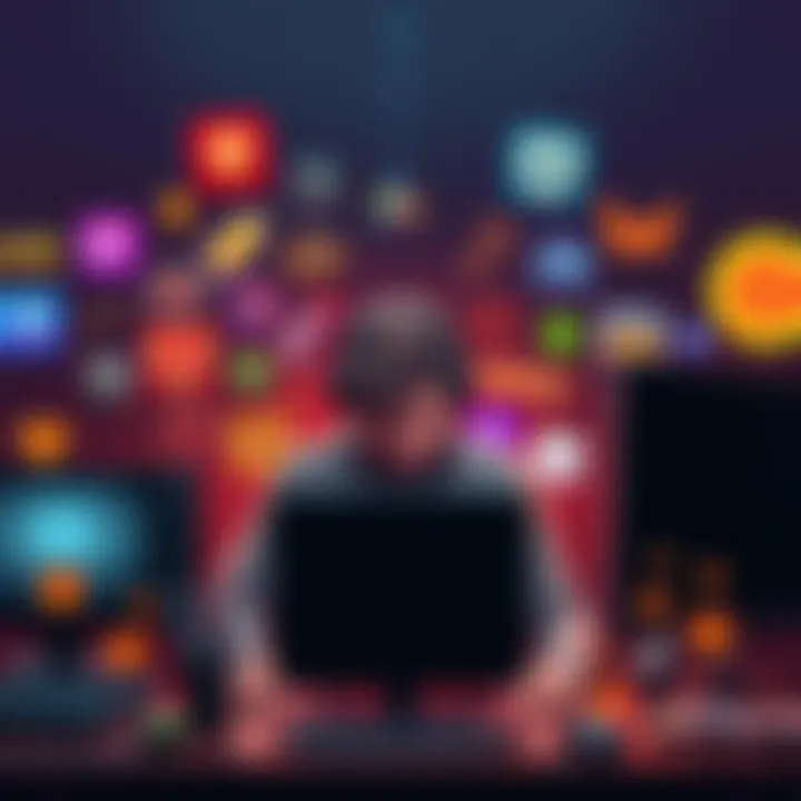 A game developer sitting at a desk surrounded by icons of different game genres, looking conflicted about choosing between strategy games and trending genres like battle royale.