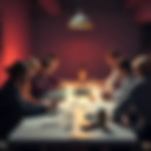 A group of people brainstorming creative game ideas around a table with sketches and notes.