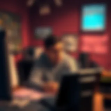 A game developer looking worried while planning a game jam, surrounded by notes and a computer, with a calendar on the wall marking the event date.