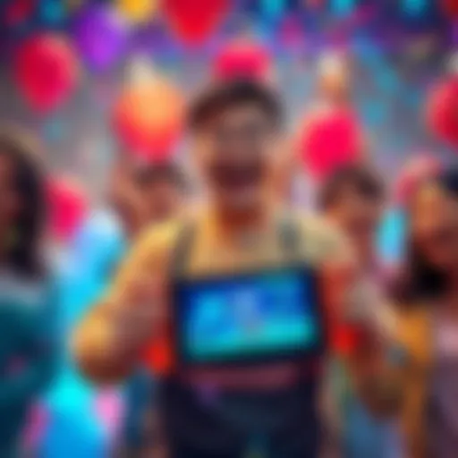 A joyful person holding a Nintendo Switch with their game on the screen, surrounded by friends celebrating the launch, colorful balloons and confetti in the background.