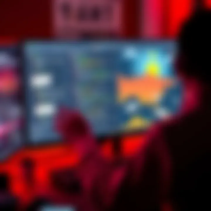 A game developer adjusting code on a computer screen, with graphics showing error notifications and broken elements in a game environment.