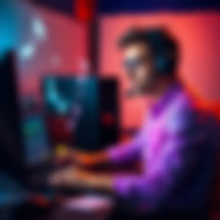 A talented composer working on music for video games at a computer with musical notes around