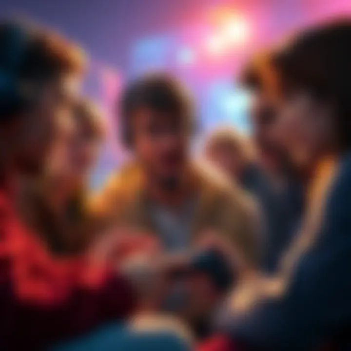A group of gamers discussing whether the latest game deserves the Game of the Year title or is a scam, with one holding a game controller, expressions of concern and excitement visible on their faces.