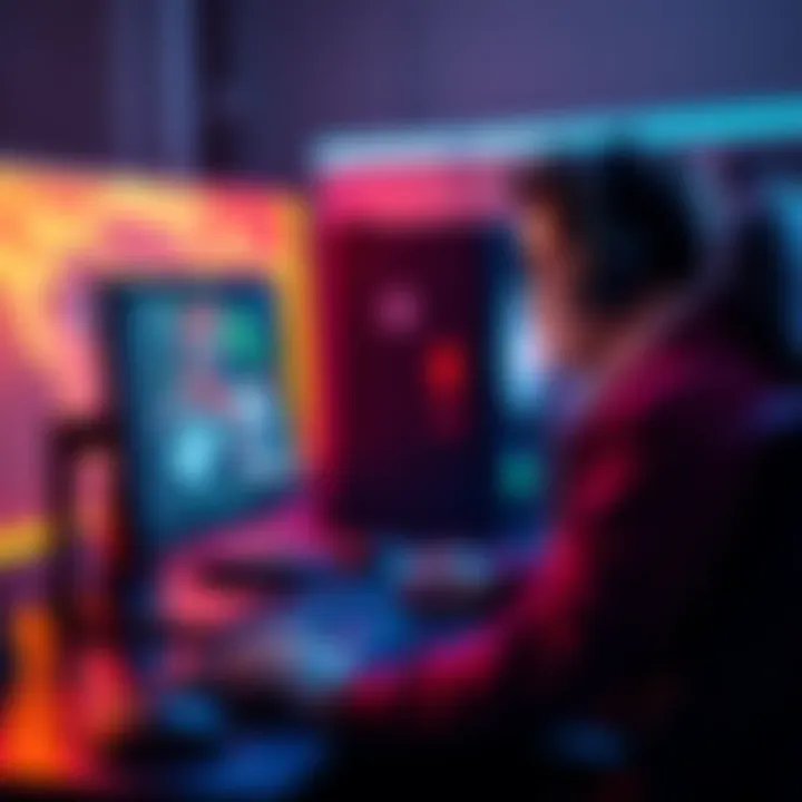 A game programmer coding on a computer with game graphics displayed on the screen.