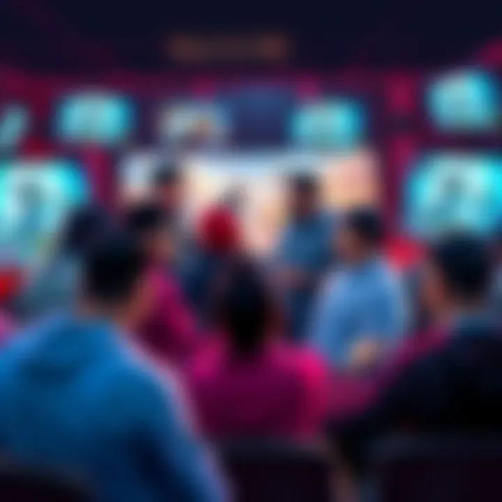 A group of diverse players discussing a new video game in a lively setting, with game art displayed on screens around them