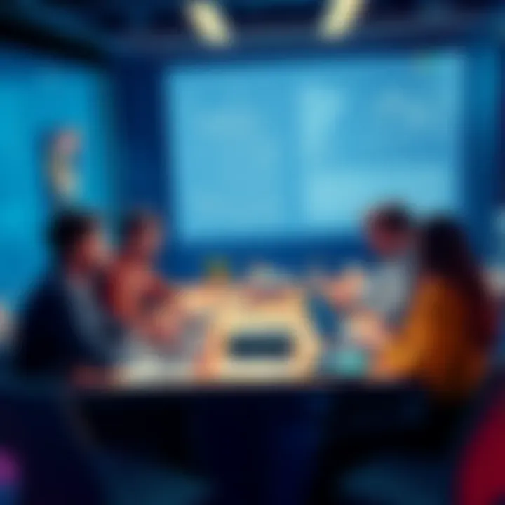 A group of diverse game developers brainstorming marketing ideas with laptops and sketches on a table.