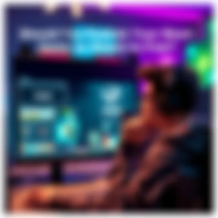 A developer pondering whether to release a game for free or at a low price, with a computer screen showing Steam's logo and game graphics.