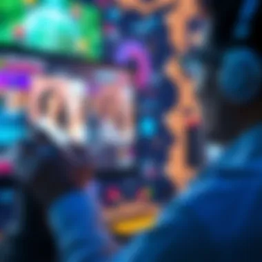 Game comparing real and AI images A person focused on a screen playing a game to identify real versus AI-generated images, with colorful graphics in the background.