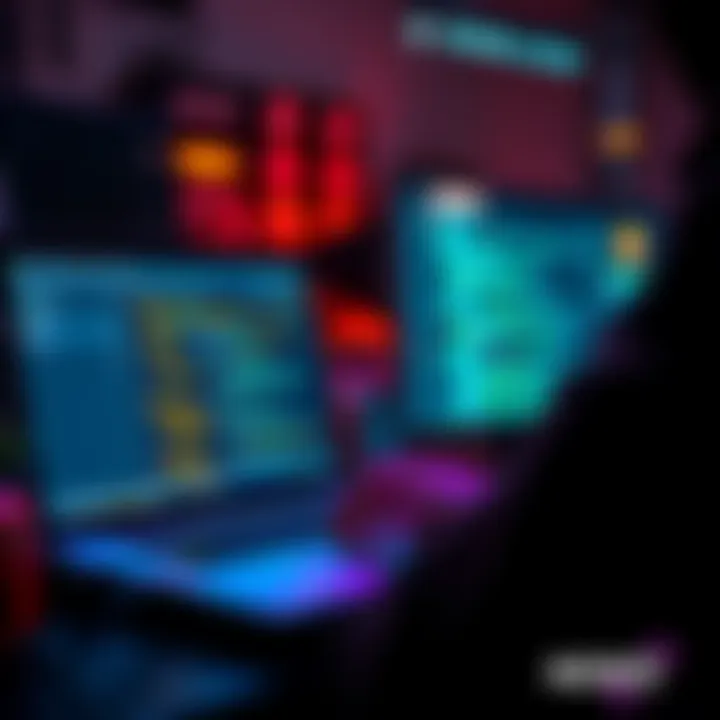 A programmer creating a game scene with code visible on a laptop screen, showcasing how to pass arguments in one line.