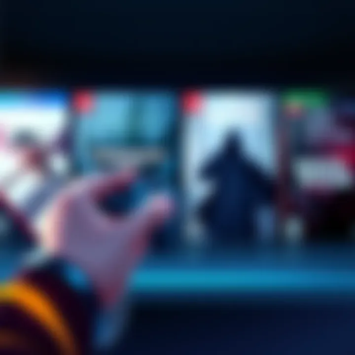 A person holding a game controller, looking at a selection of game boxes on a shelf, featuring titles like Paradox Pt2, Underground Blossom, The Past Within, and White Room.