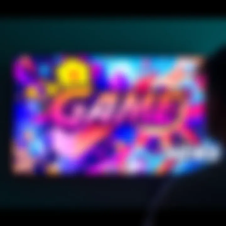 A colorful splash screen for a video game featuring a bold logo and graphics, contrasting with a person looking doubtful in the background.