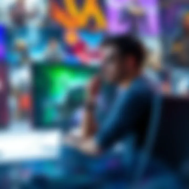 A game developer contemplating linear vs non-linear storytelling options on a computer screen with game images in the background.