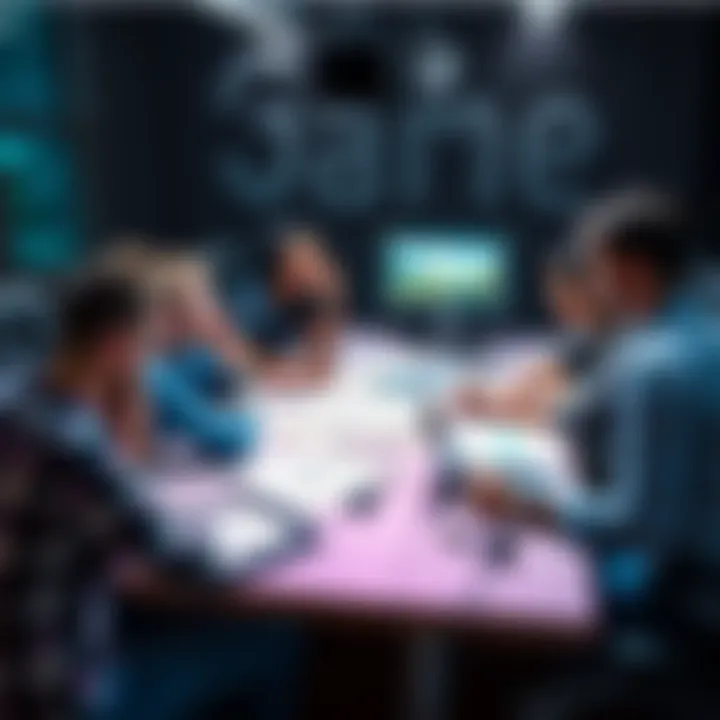 A group of diverse game developers brainstorming ideas around a table, with sketches and game designs displayed on laptops and notebooks.