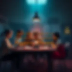 A group of diverse people collaborating on game design, showcasing sketches and brainstorming ideas in a dimly lit room with a post-apocalyptic theme.