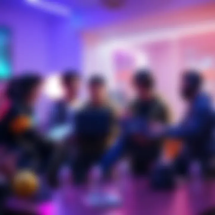 A group of game developers discussing their arcade game project with charts and laptops, preparing for a Steam launch