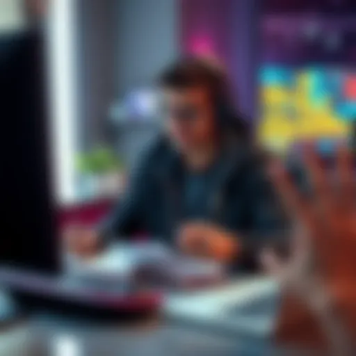 Passionate game tester sitting at a desk, focused on playing a video game and taking notes for feedback.