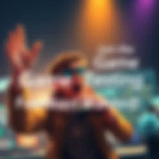 A gamer with a controller excitedly reaching out to developers for feedback on gaming, with text inviting collaboration