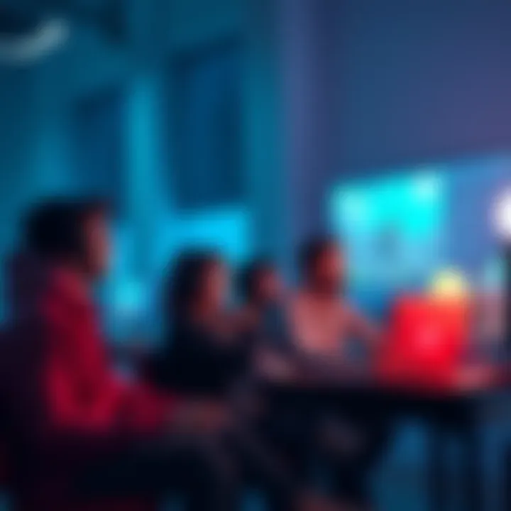 A group of indie developers sitting together with laptops, discussing a game while playtesters try it out on screens.