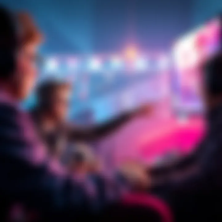 A group of gamers discussing a new game trailer, sharing feedback and critiques, with one person pointing at a screen.