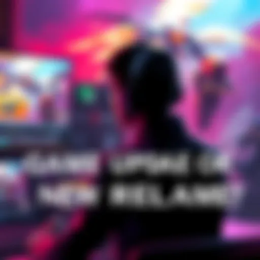 A game developer pondering options for reviving a struggling game, with visuals of both a game update screen and a new game concept art in the background.