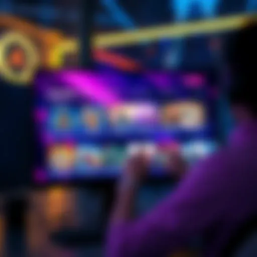 A gaming monitor displaying a vibrant game wishlist interface, showcasing various indie games, with a player excitedly clicking on the wishlist button.