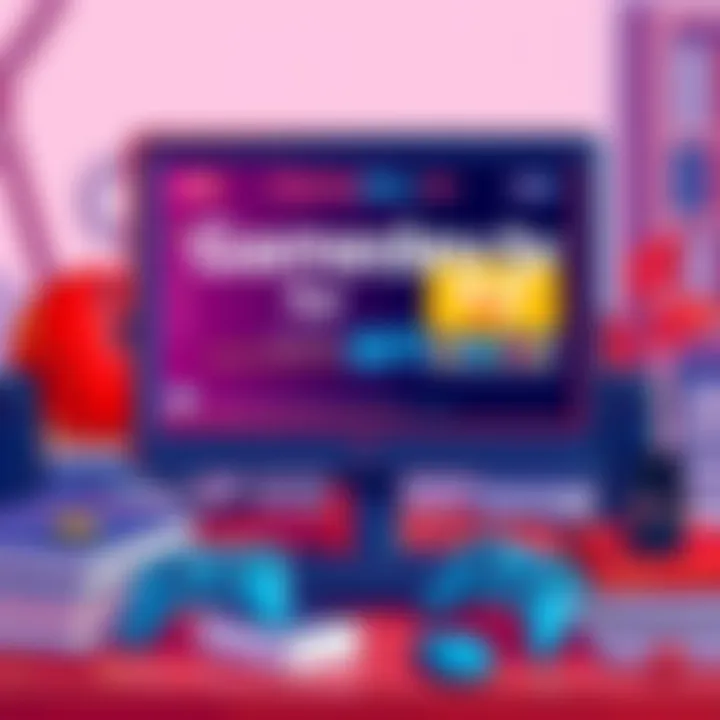 A colorful illustration showing a computer screen displaying game development tools, surrounded by beginner-friendly elements like books and game controllers.